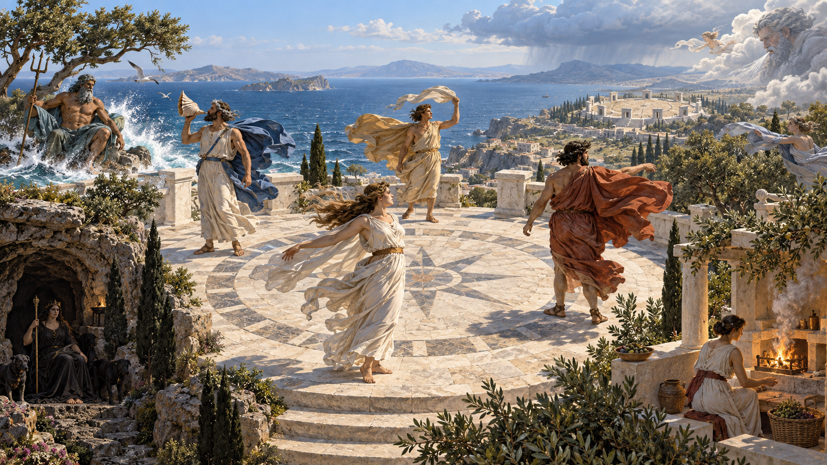 Greek wind figures and other divine presences occupy separate, overlapping zones around an open marble court, while a distant eight-gateway enclosure appears more geometrically ordered.