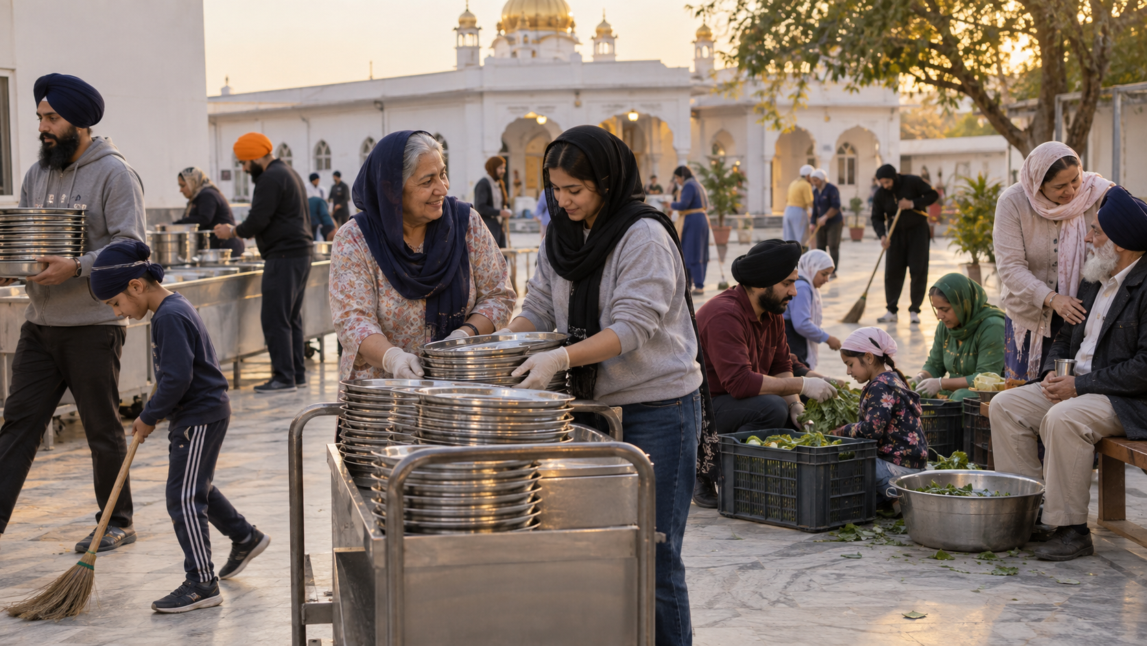 Volunteers of different ages clean, sort produce, and assist visitors together in a gurdwara courtyard.