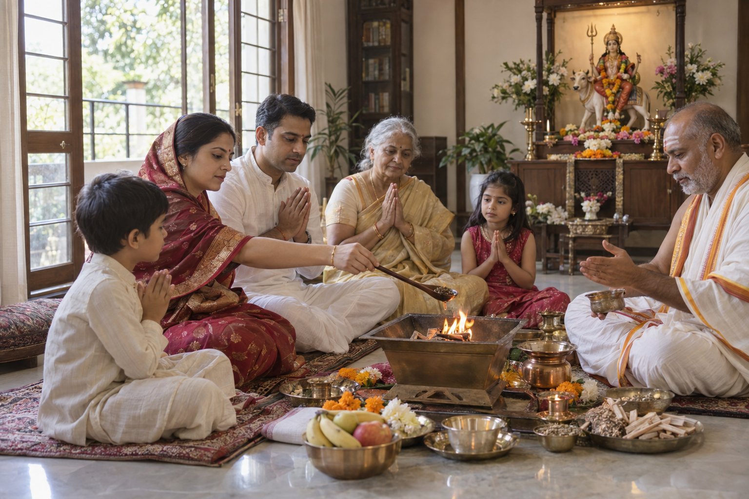 A family performs a home havan with a priest, placing an offering into a small contained fire before a simple altar.