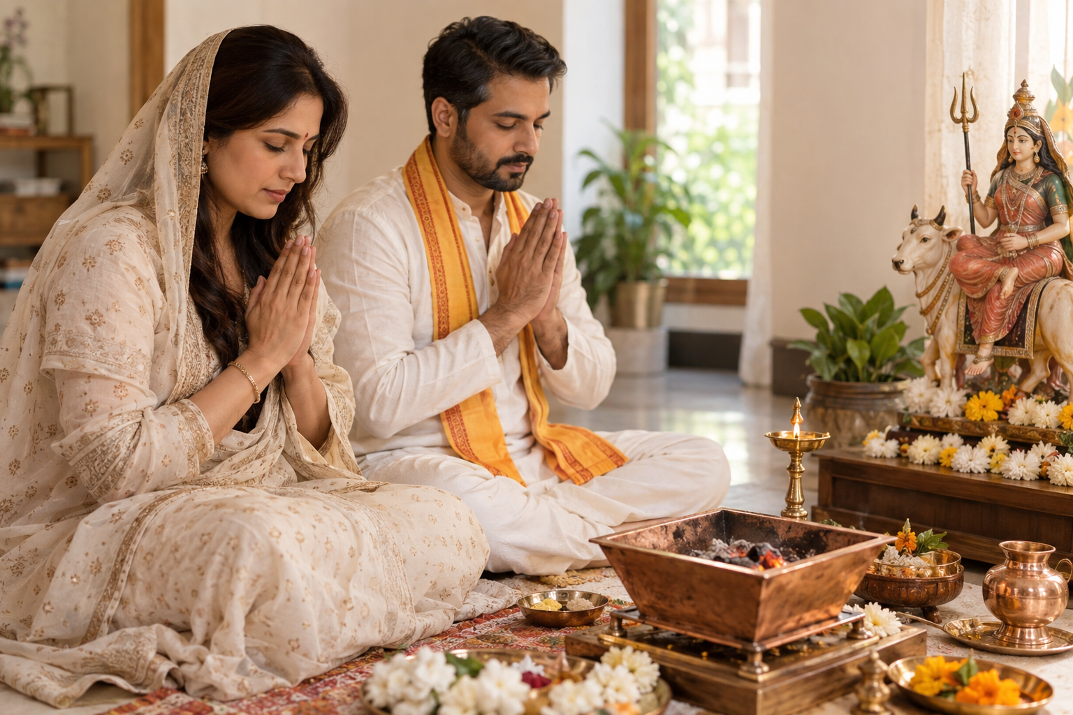 Two adults sit in quiet prayer beside a Maa Shailaputri altar and a havan kund containing faint embers.
