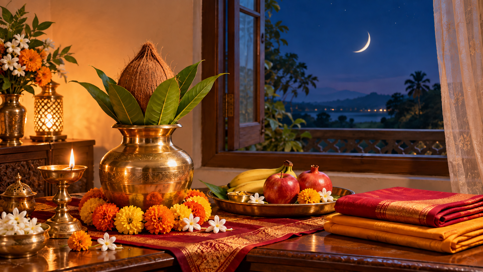 Brass kalash, oil lamp, flowers, fruit, and folded cloth arranged for puja beside a window under a waxing crescent moon.