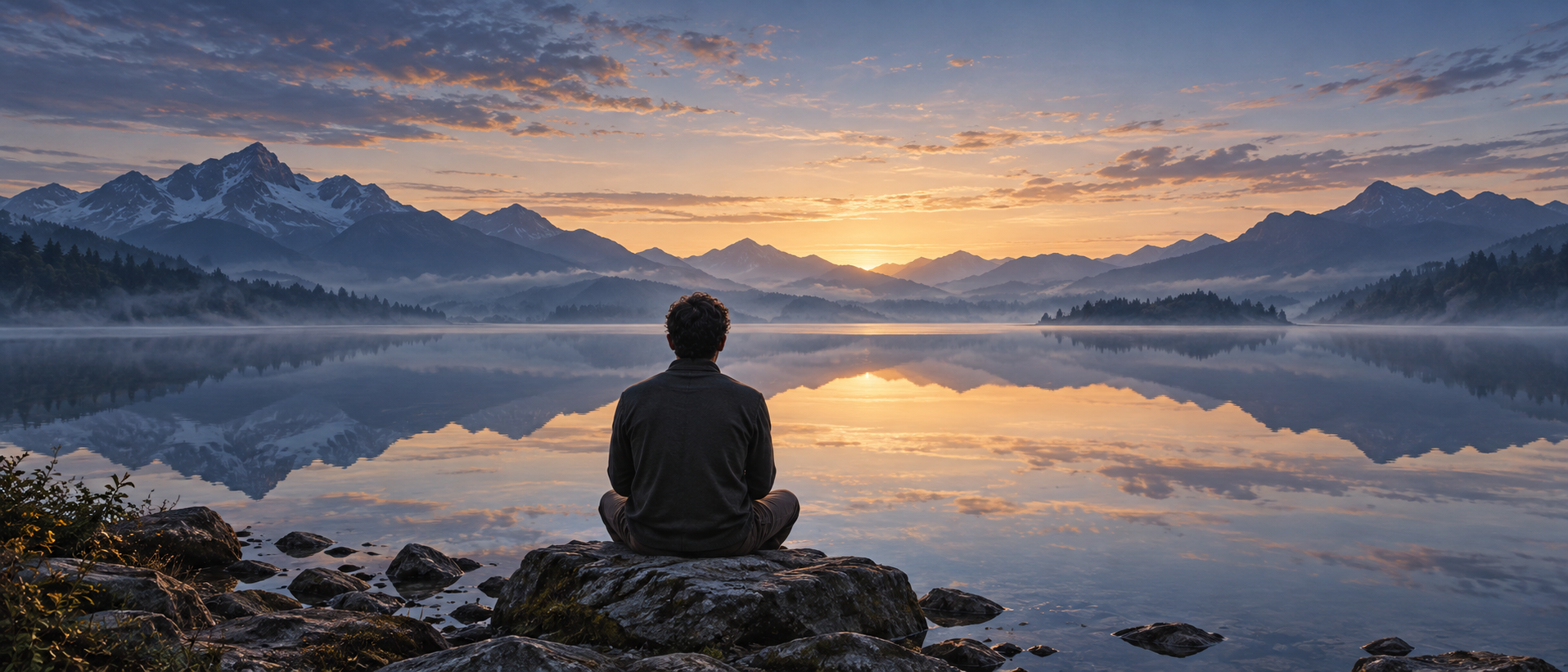 A seated person faces a still lake at dawn, where the figure, mountains, and glowing sky appear in one continuous reflection.