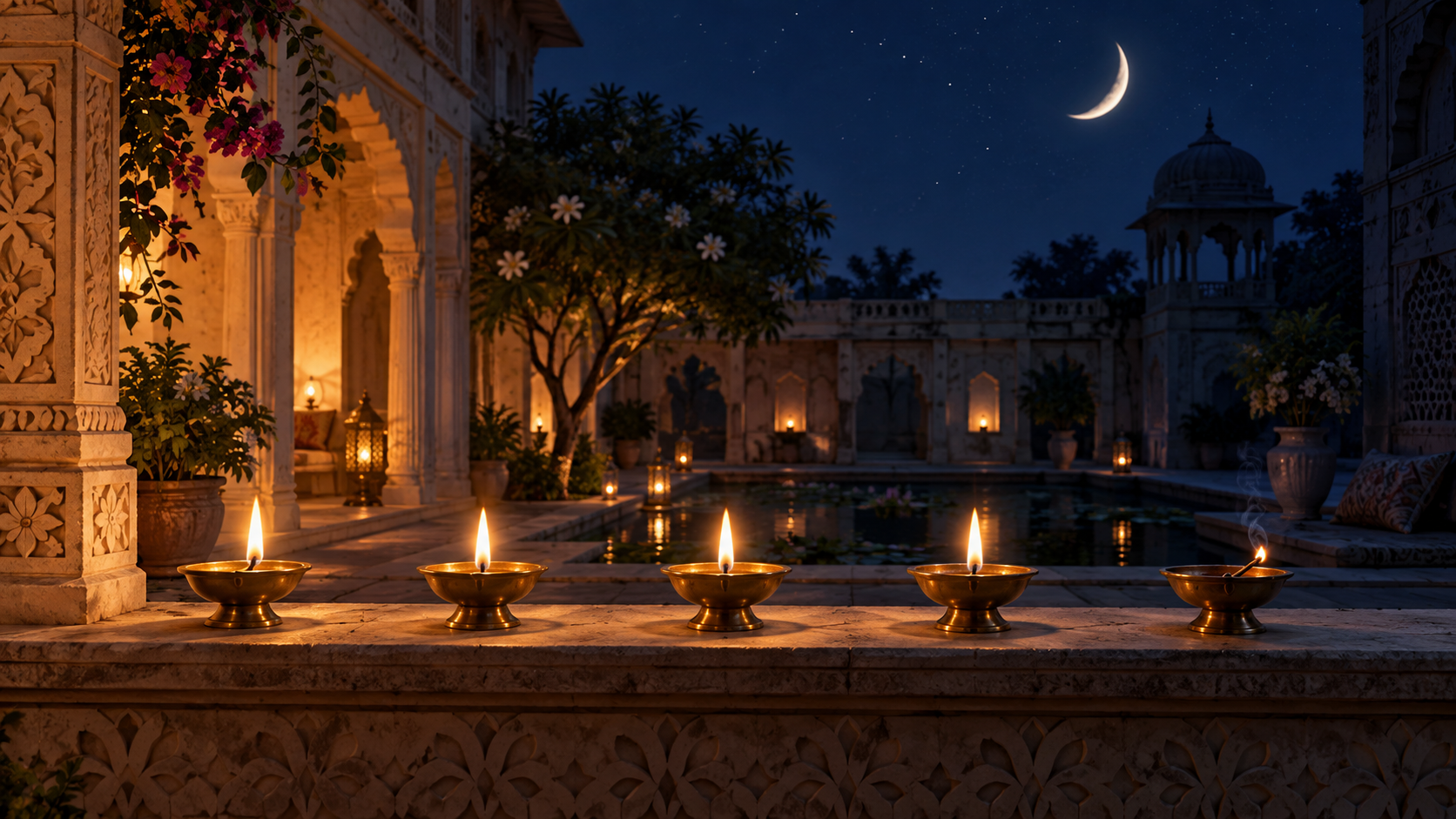 Four glowing oil lamps and a fifth newly lit lamp in a courtyard beneath a late-night crescent moon.