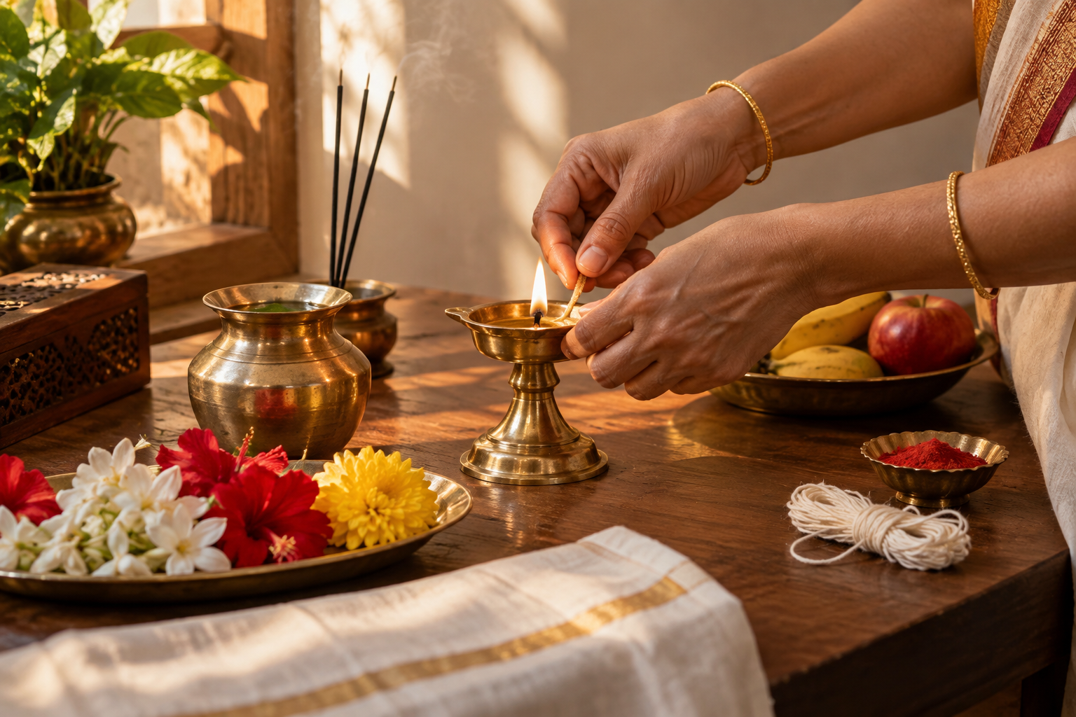 Hands arrange a brass lamp, water vessel, flowers, fruit, and incense for a home observance.