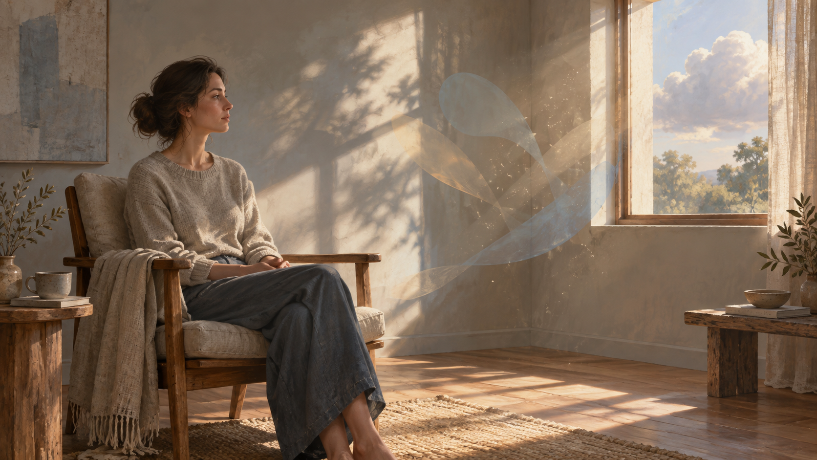 A seated person quietly observes changing sunlight, cloud shadows, and drifting dust inside a simple room.