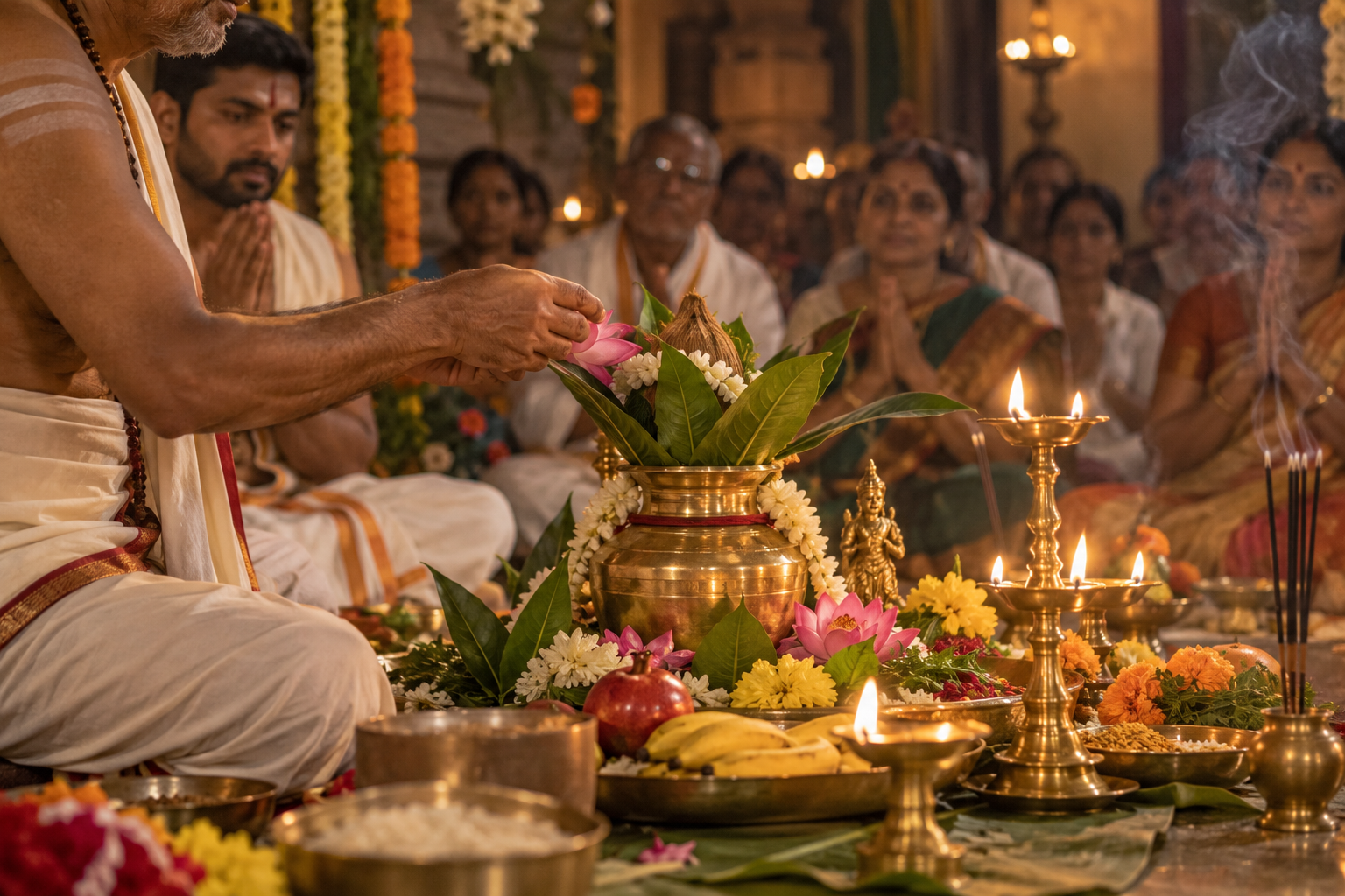 A priest makes an offering beside a brass vessel, sacred leaves, flowers, incense, and clay lamps as assistants and devotees become still and attentive.