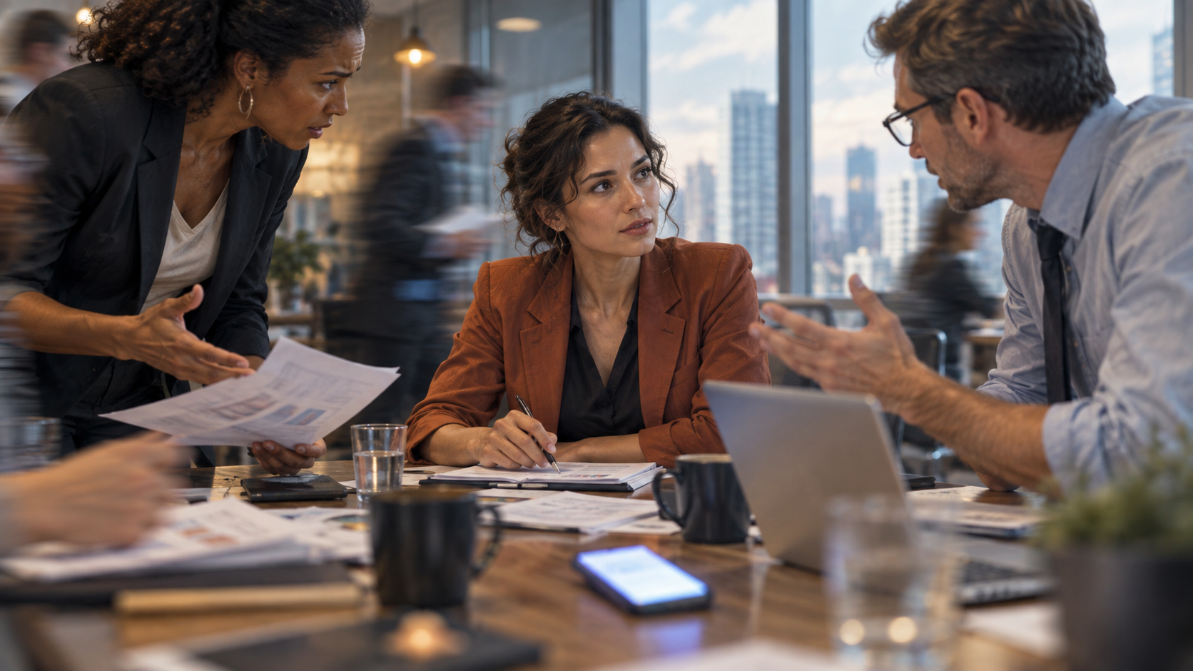 A calm, attentive person sits in a tense workplace meeting while colleagues gesture and papers lie scattered on the table.