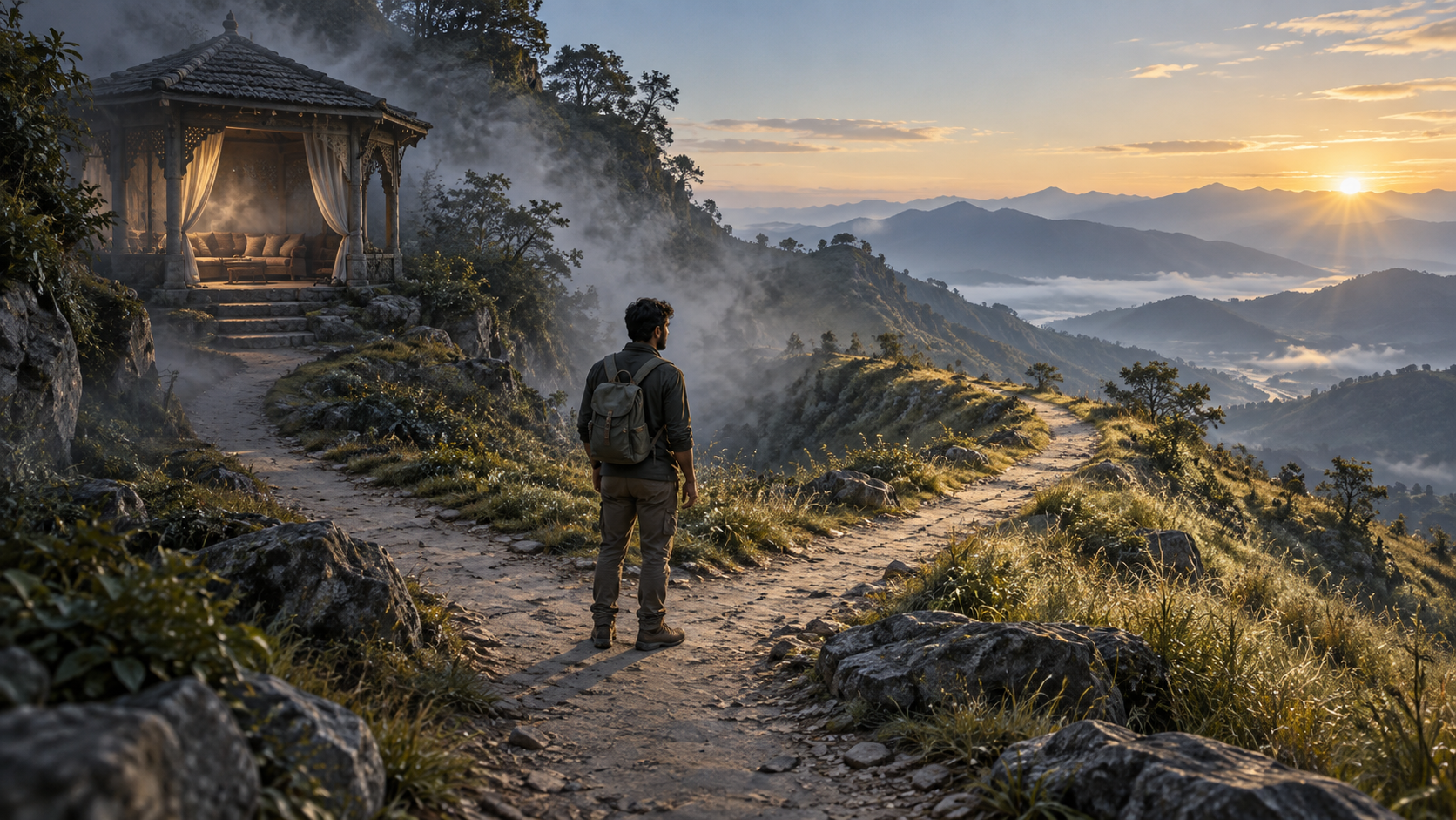 A traveler stands at a fork between a hazy enclosed pavilion and an open mountain path leading into clear daylight.