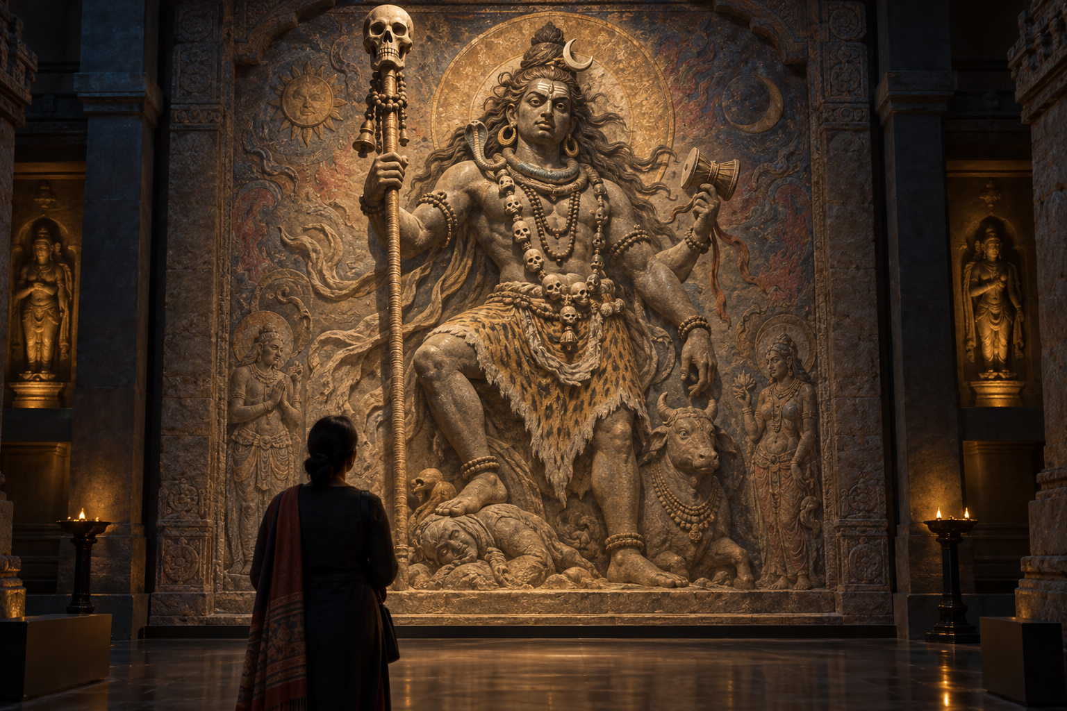 A visitor studies a stone relief of a fierce Shaiva deity holding a long staff topped with a skull in a dim temple gallery.