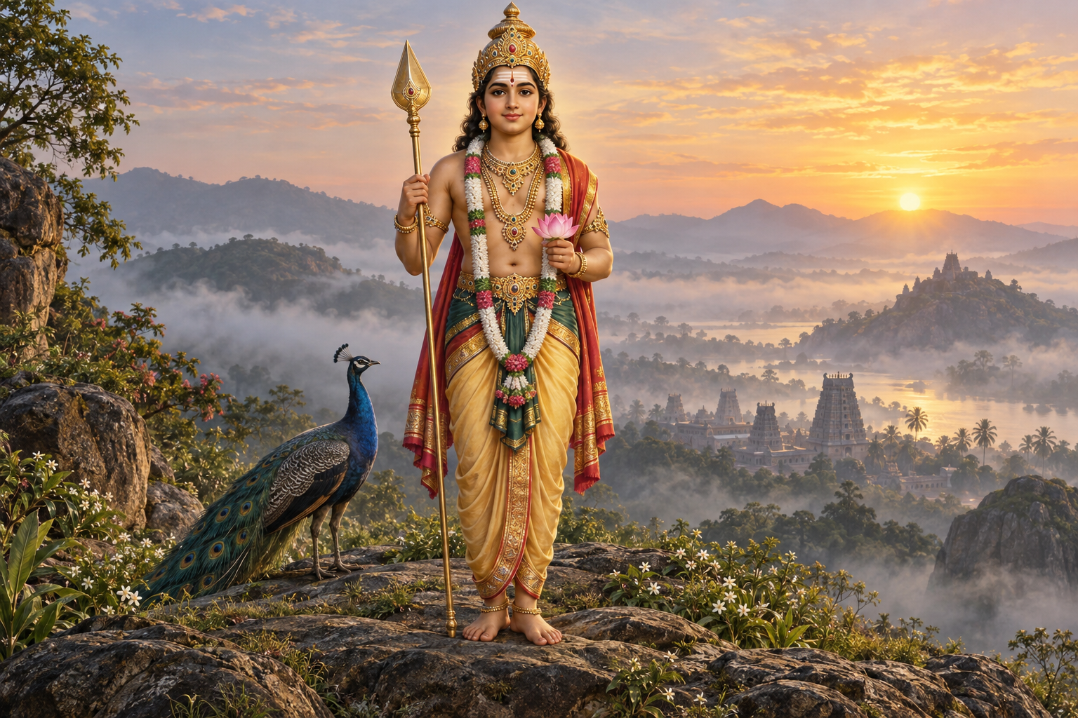 Murugan stands on a misty hill at dawn holding an upright vel spear and an open lotus, with a peacock beside him.