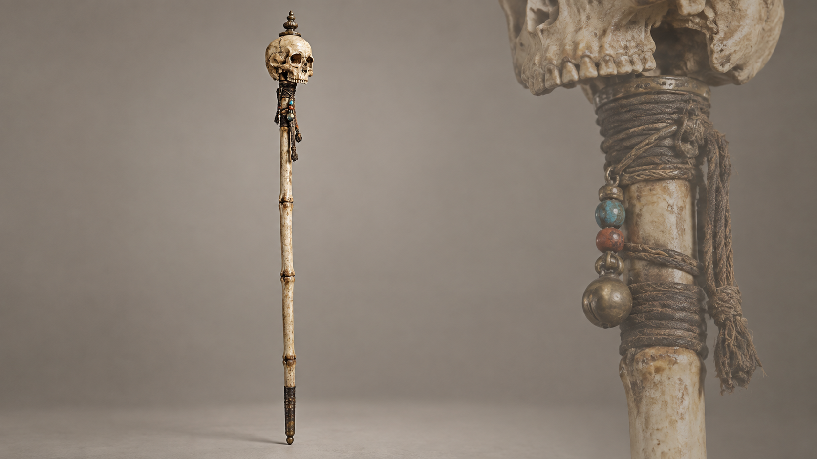 A complete khatvanga with a long bone-like shaft and skull finial is shown beside a close view of its upper attachment.