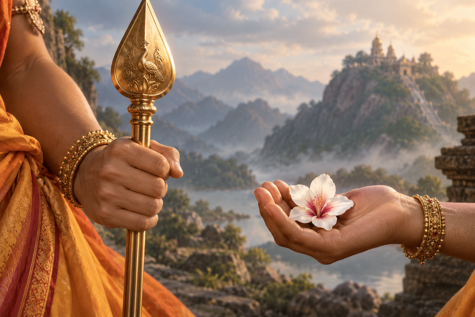 One ornamented hand holds a vel spear while another gently supports an open flower against a blurred mountain landscape.
