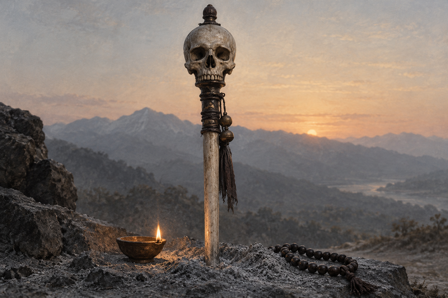 The skull and bone-like shaft of a khatvanga rise above sacred ash beside a small burning oil lamp and prayer beads.