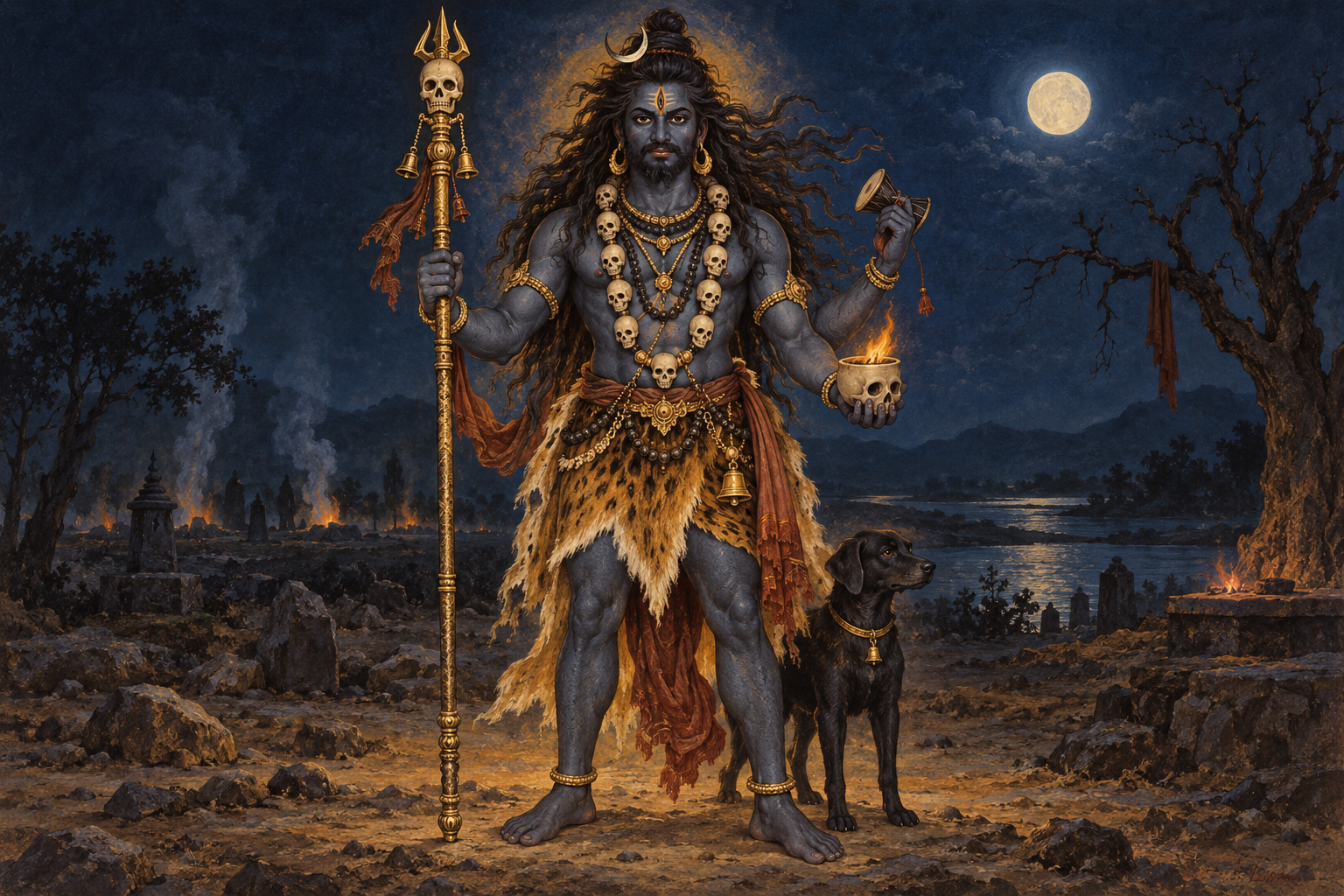 A fierce Shaiva guardian deity stands in a moonlit landscape holding an upright skull-topped khatvanga among several visible attributes.
