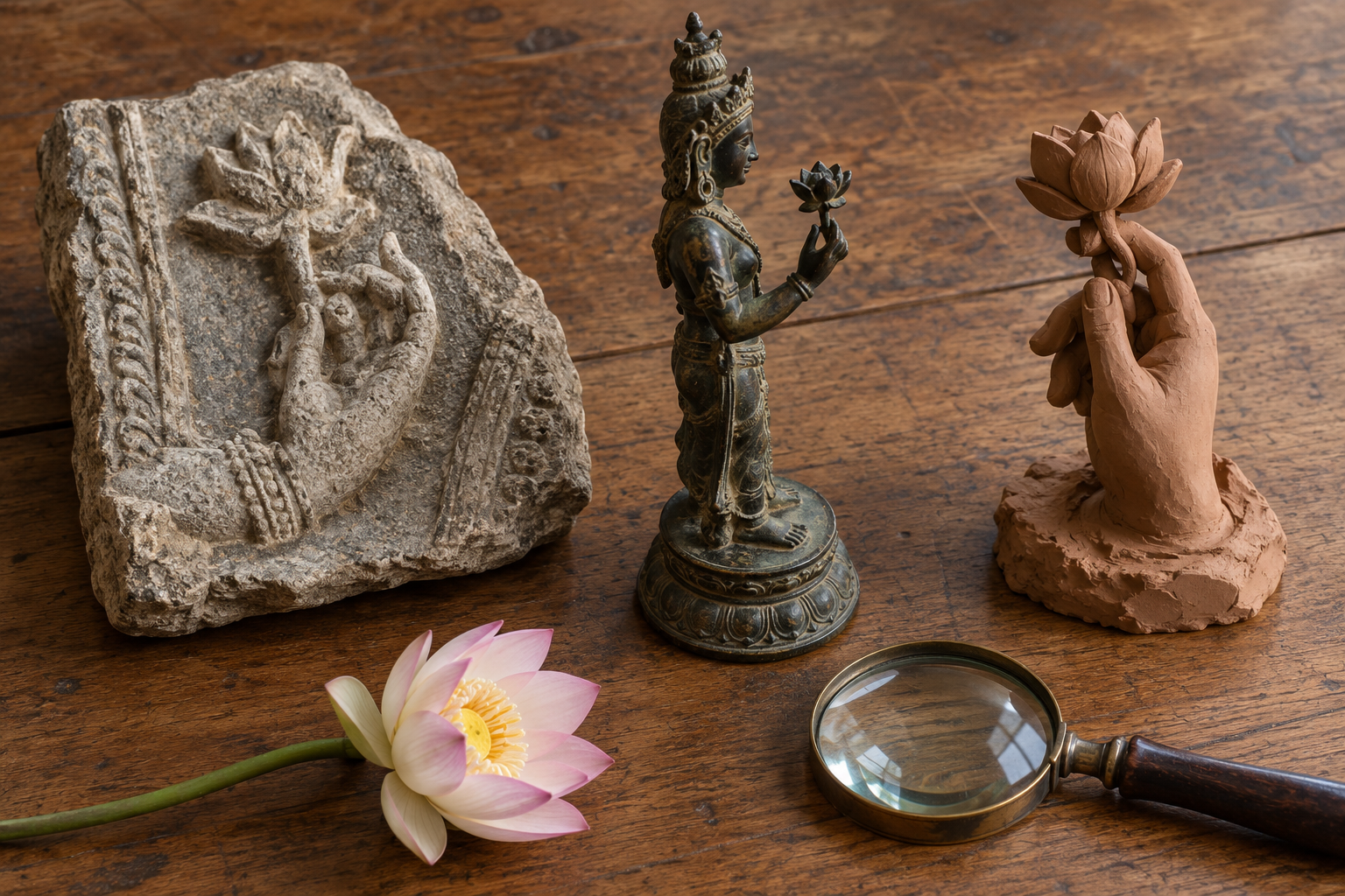 A stone relief, a small bronze figure, a clay study, a real flower, and a magnifying lens are arranged on a wooden table for comparison.