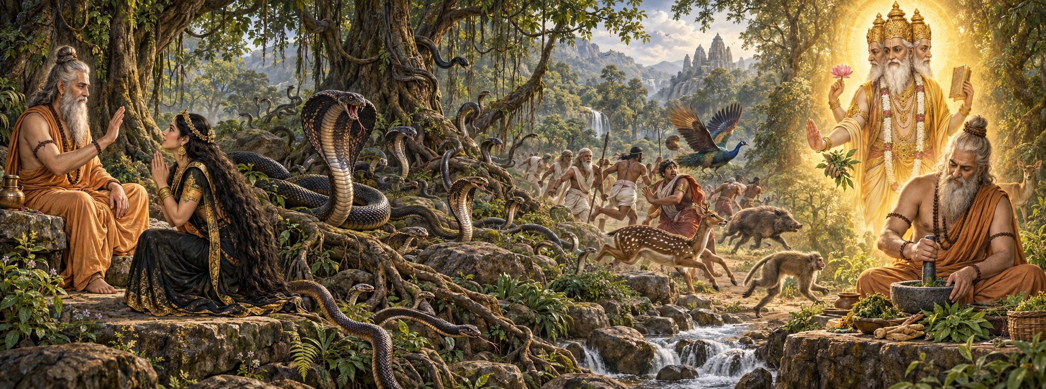 A continuous narrative shows Kashyapa granting Kadru a boon, serpents multiplying, living beings facing danger, and Brahma giving Kashyapa knowledge of antidotes.