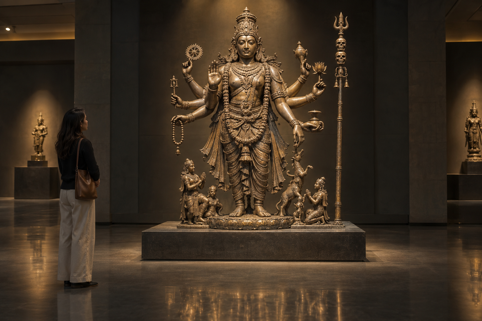 A museum visitor examines a complete bronze image of a multi-armed fierce deity, including its face, gestures, ornaments, and skull-topped staff.