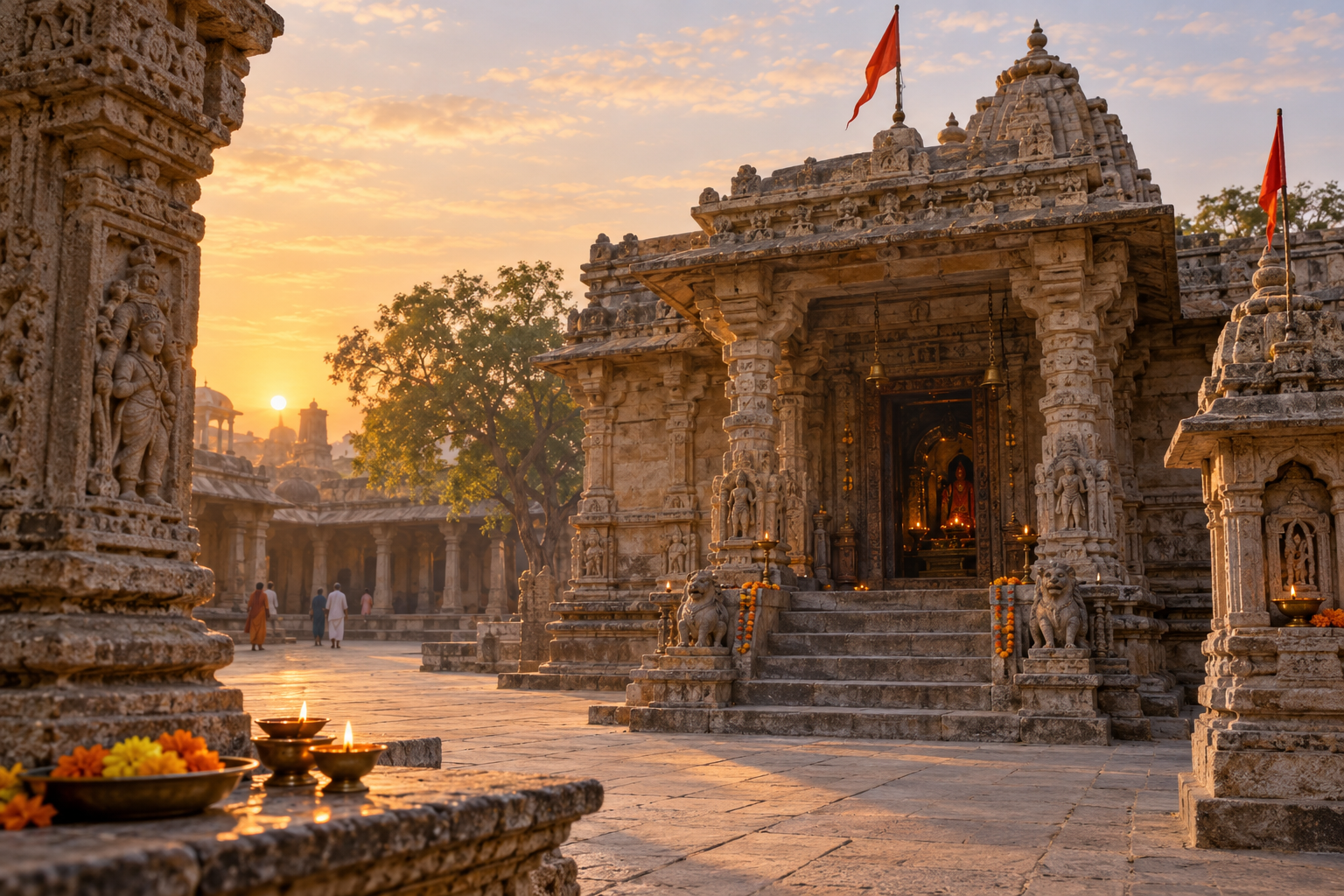 Kalika Temple in Patan at dawn, with stone architecture, devotional lamps, flower offerings, and a few worshippers in the courtyard.