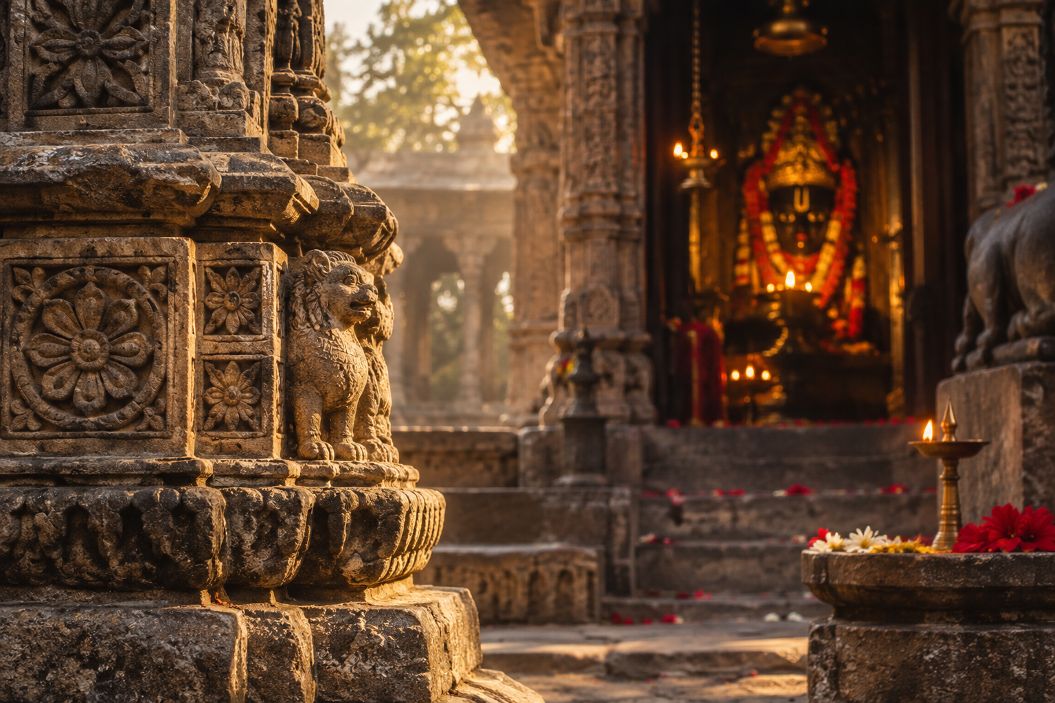 Weathered medieval-style stone carvings beside a softly lit active shrine with an oil lamp and fresh flowers.