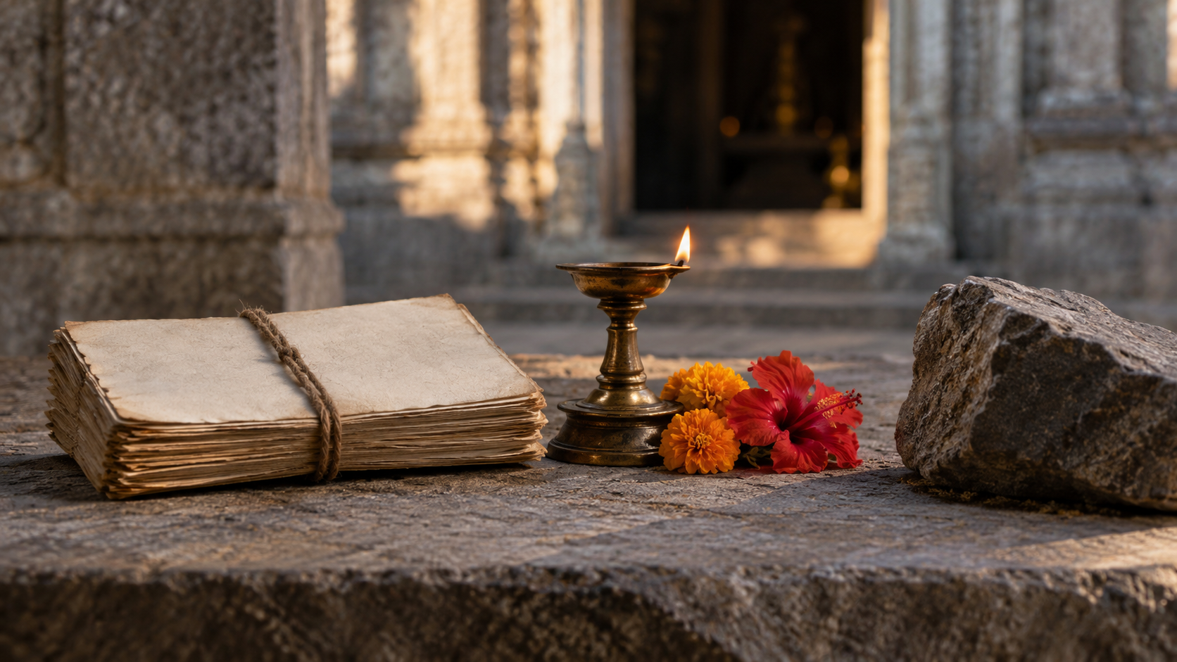 An aged blank manuscript bundle, a devotional oil lamp with flowers, and a shadowed stone fragment arranged near a temple doorway.