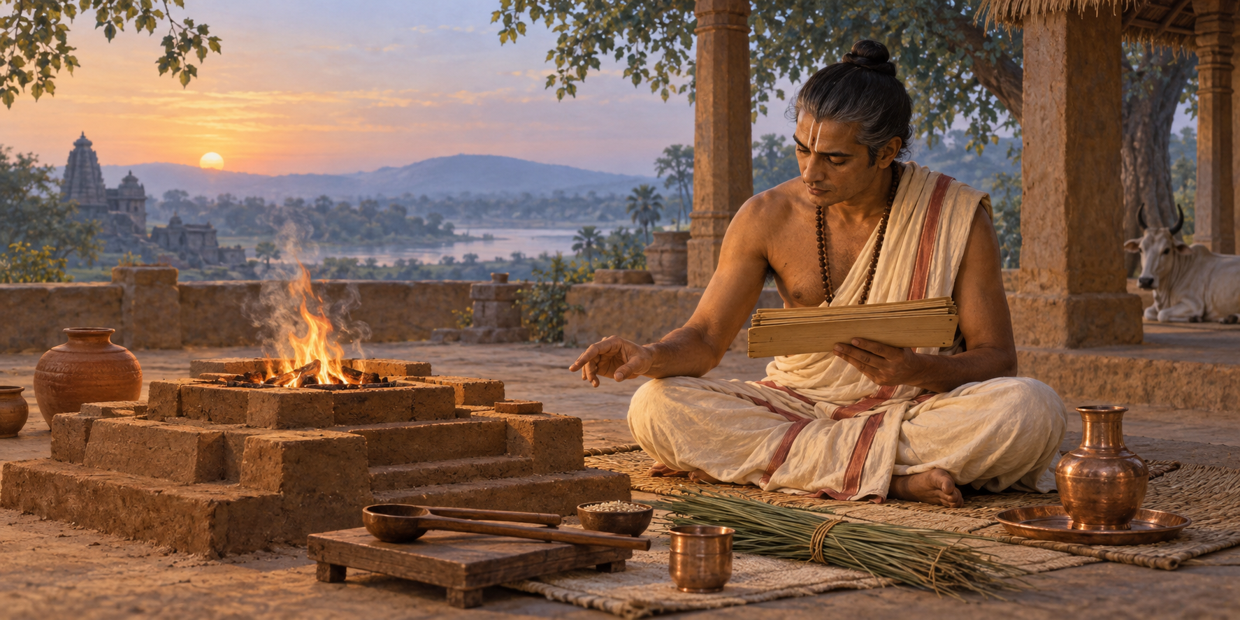 An imagined classical Indian scholar studies a palm-leaf manuscript beside a Vedic fire altar and neatly arranged ritual vessels at dawn.