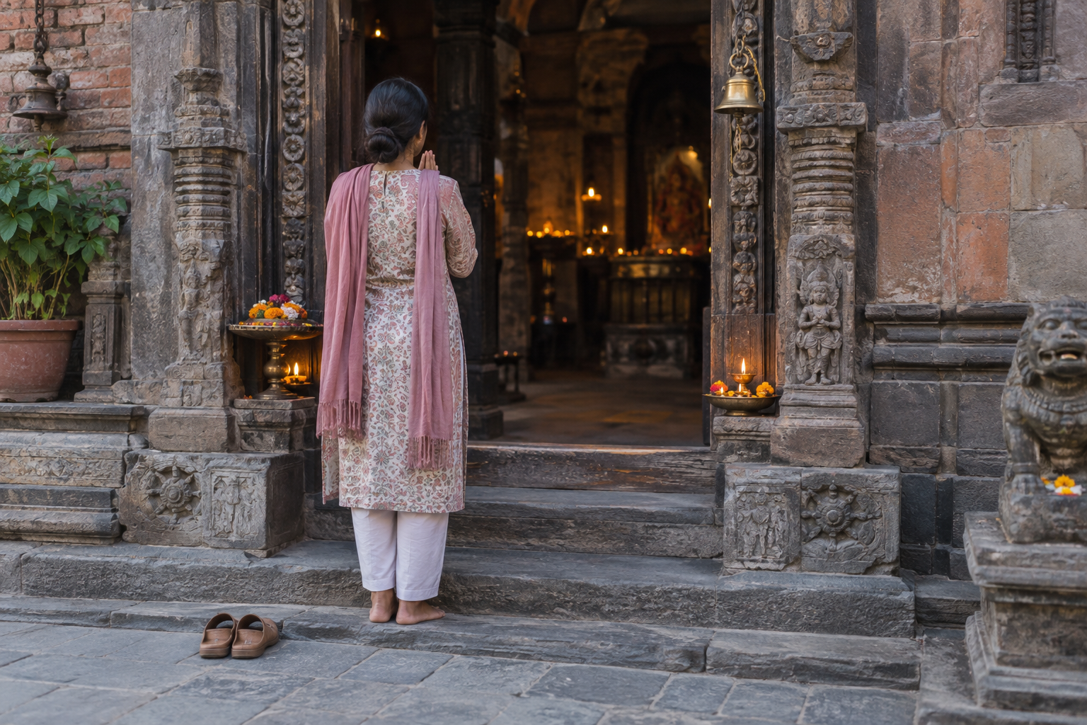 A barefoot visitor with joined hands pauses at a temple threshold beside neatly placed footwear, flowers, a bell, and oil lamps.