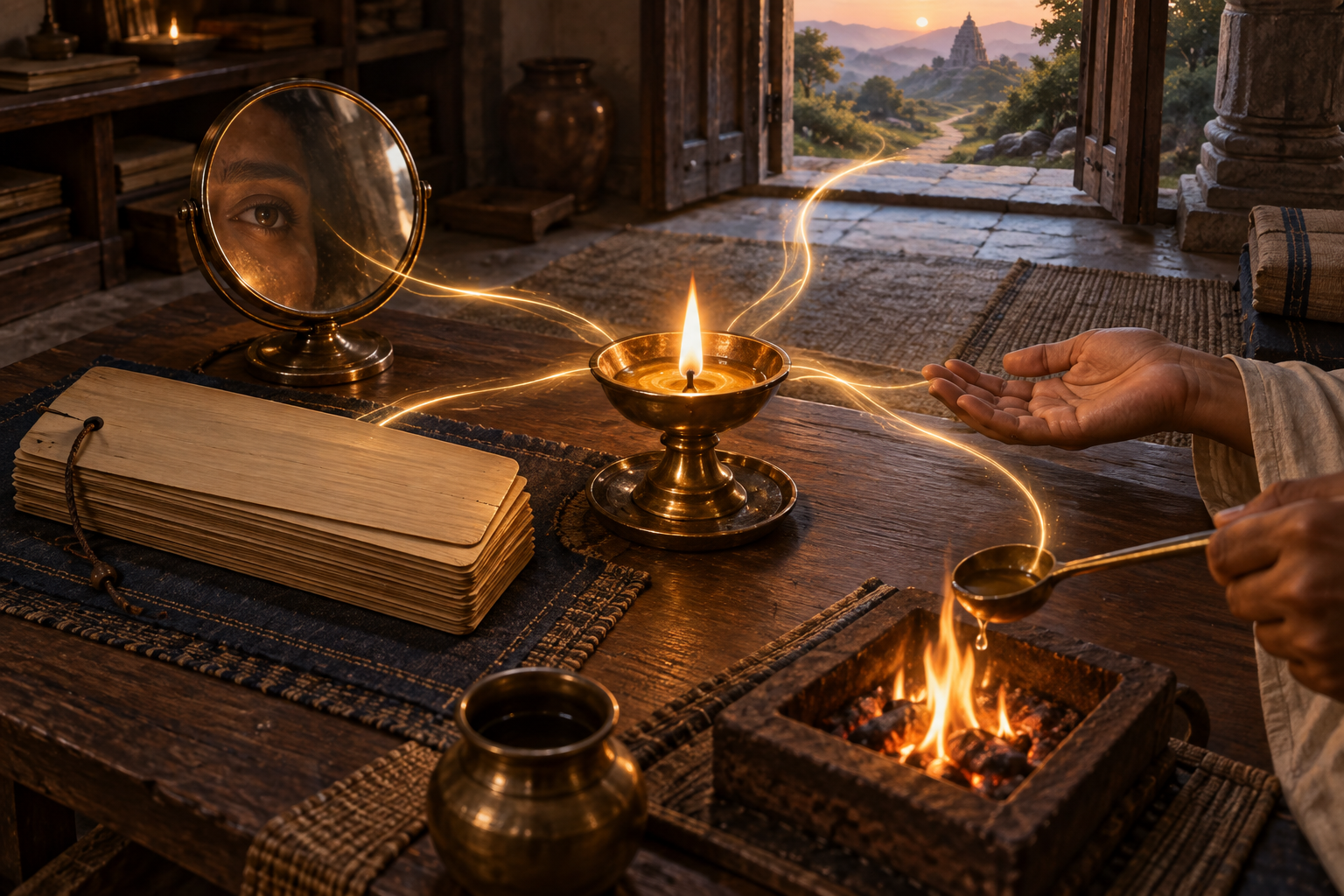 Five connected objects surround an oil lamp: a palm-leaf manuscript, a mirror reflecting an eye, an open hand, a ritual ladle and fire, and a path through a doorway.