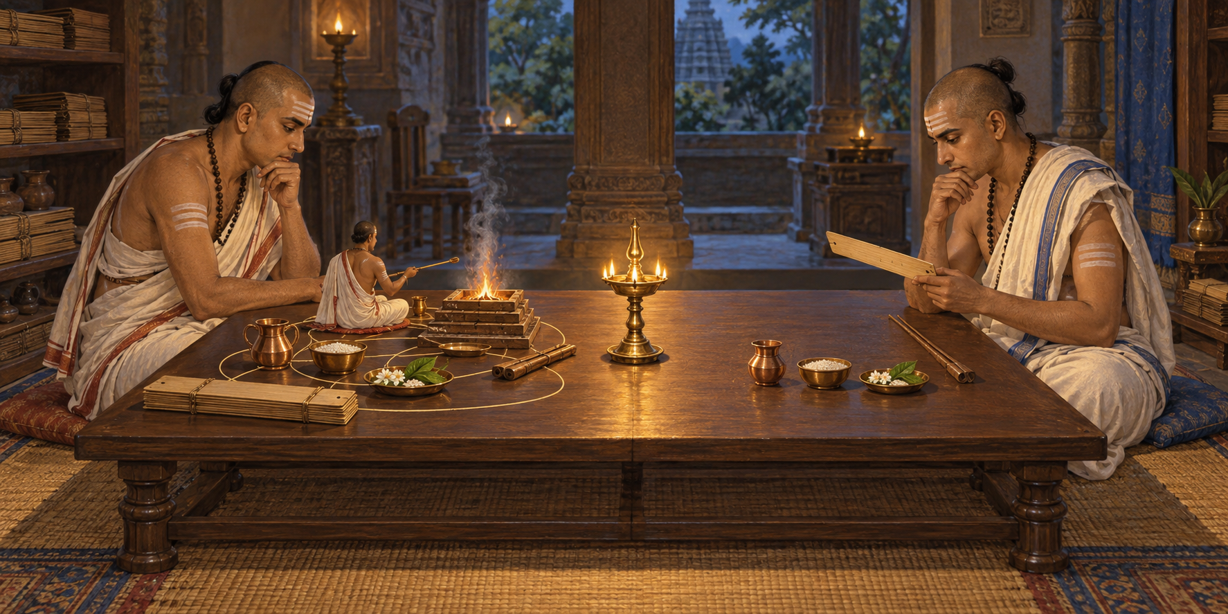 Two imagined classical Indian scholars examine the same palm leaves and ritual objects, one considering the complete arrangement and the other isolating individual elements.