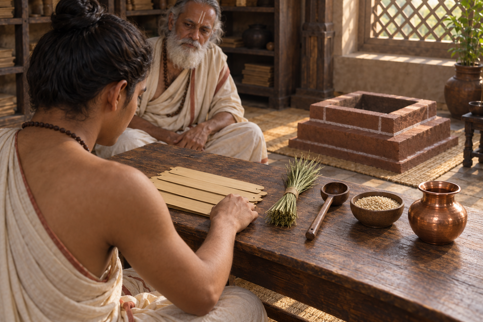 A student examines blank palm leaves alongside kusa grass, a wooden ladle, grain, a copper vessel, and a prepared fire altar while a teacher observes.