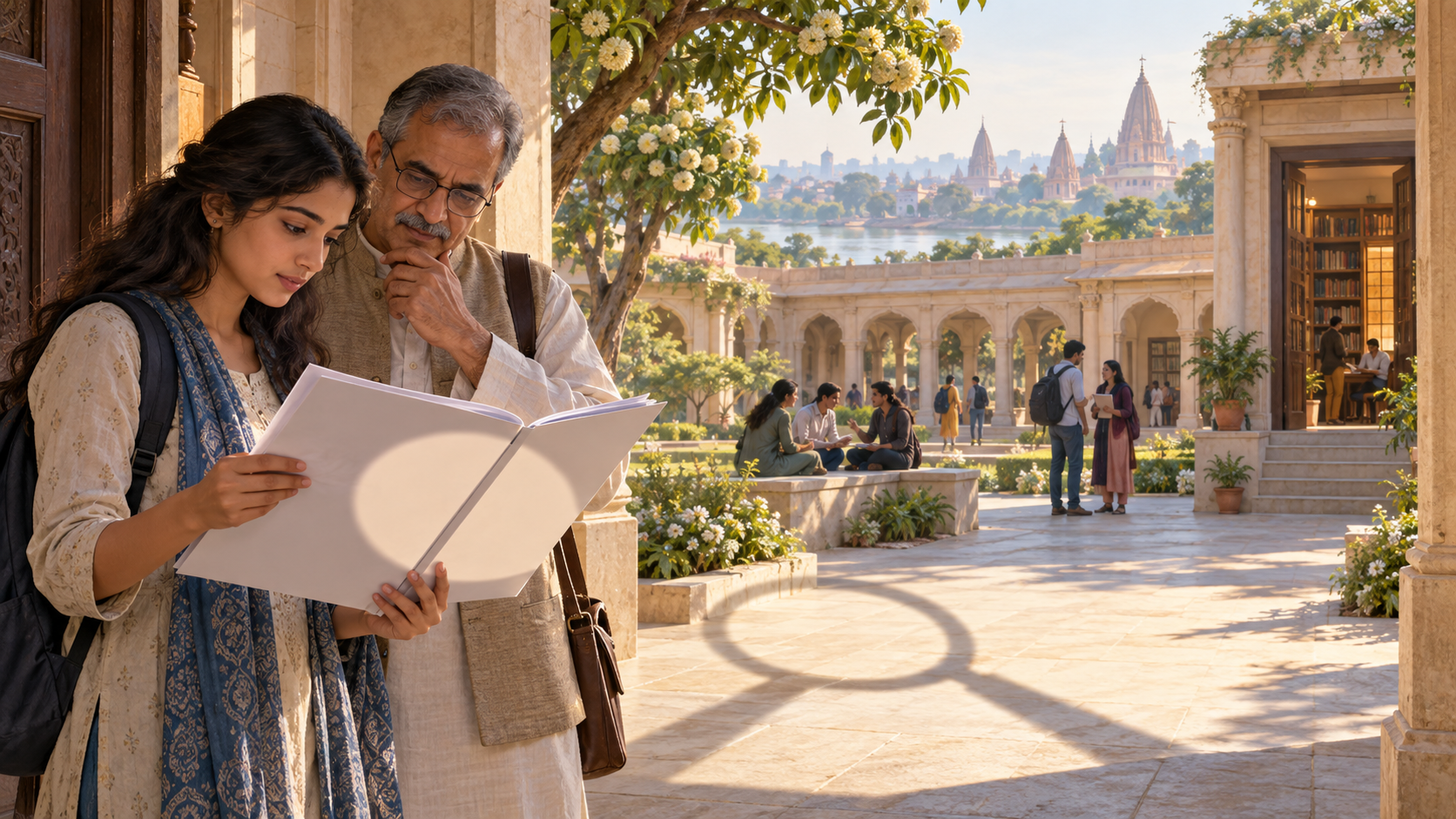 A prospective student and an older family member review documents while looking toward a generic academic courtyard with trees and distant temple spires.