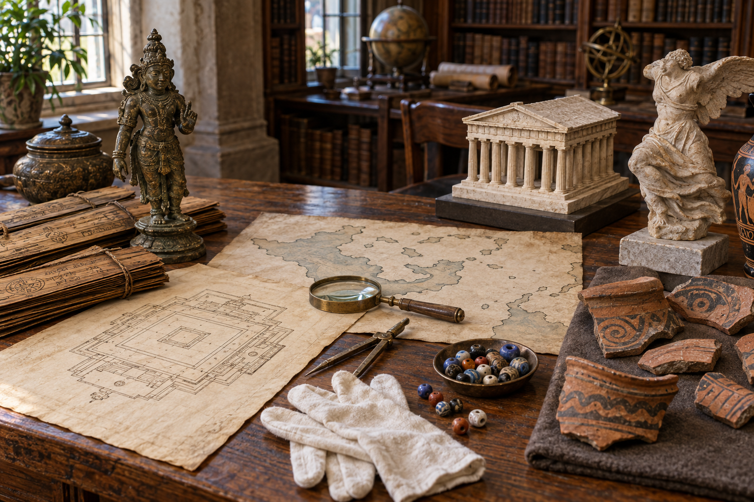 A library research table holds separate groups of Indian and Greek manuscripts, artifacts, and architectural models alongside neutral tools for historical comparison.