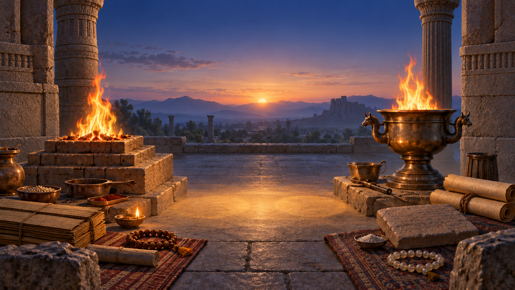 Two distinct ceremonial fires illuminate an arrangement of manuscripts, scrolls, lamps, beads, and architectural fragments from several ancient traditions.