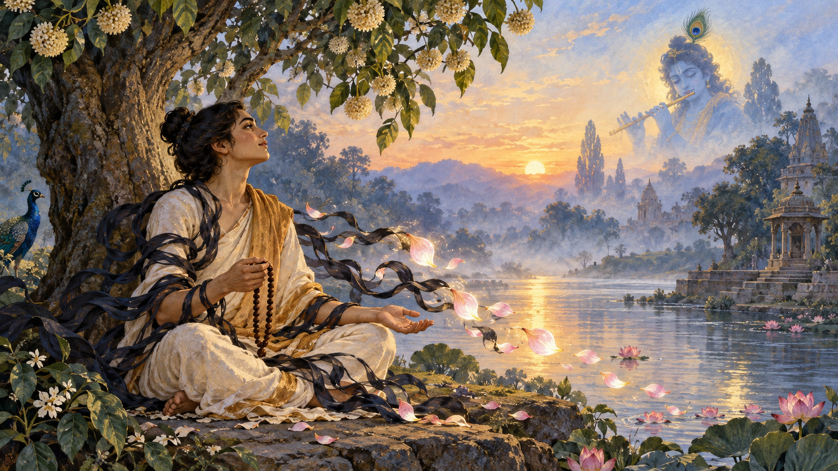 A devotee holding prayer beads sits beneath a flowering tree as dark tangled ribbons loosen into glowing lotus petals, with a blue-gold figure of Krishna suggested in the distant dawn mist.