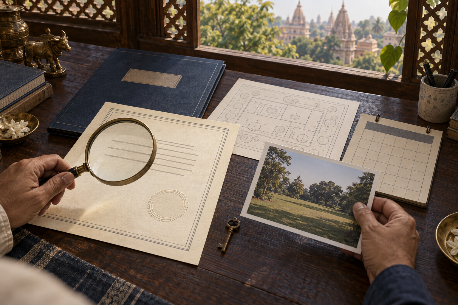 A hand compares an unmarked certificate, registry folder, building plan, calendar, key, and generic campus photograph on a wooden table.