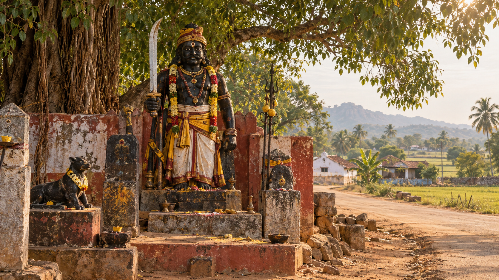 Karuppu Muniyandi stands with a ceremonial sword at a small guardian shrine beside a rural Tamil village road and fields.
