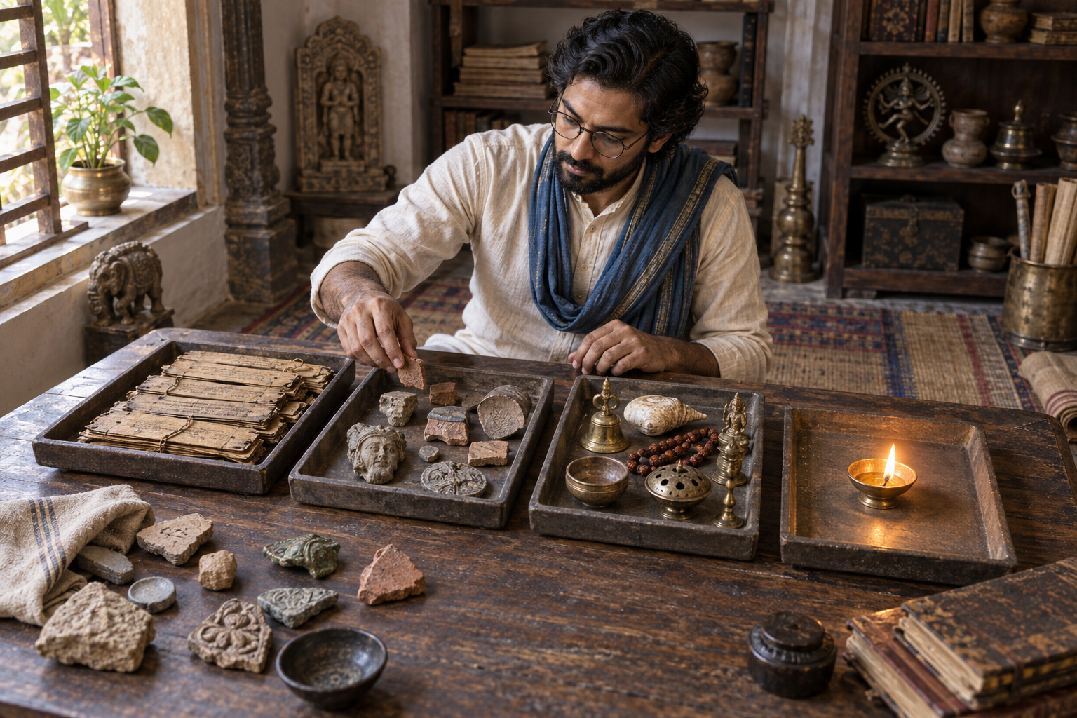 A scholar in an archive sorts manuscript leaves, artifacts, ritual objects, and a devotional lamp into separate trays.