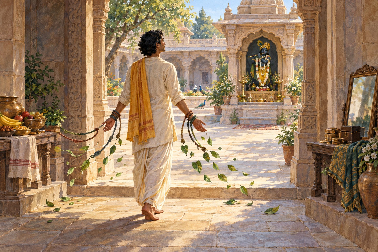 A devotee stands freely at an open temple courtyard while loose cords fall from the wrists and dissolve into leaves near everyday objects and a glowing Krishna shrine.