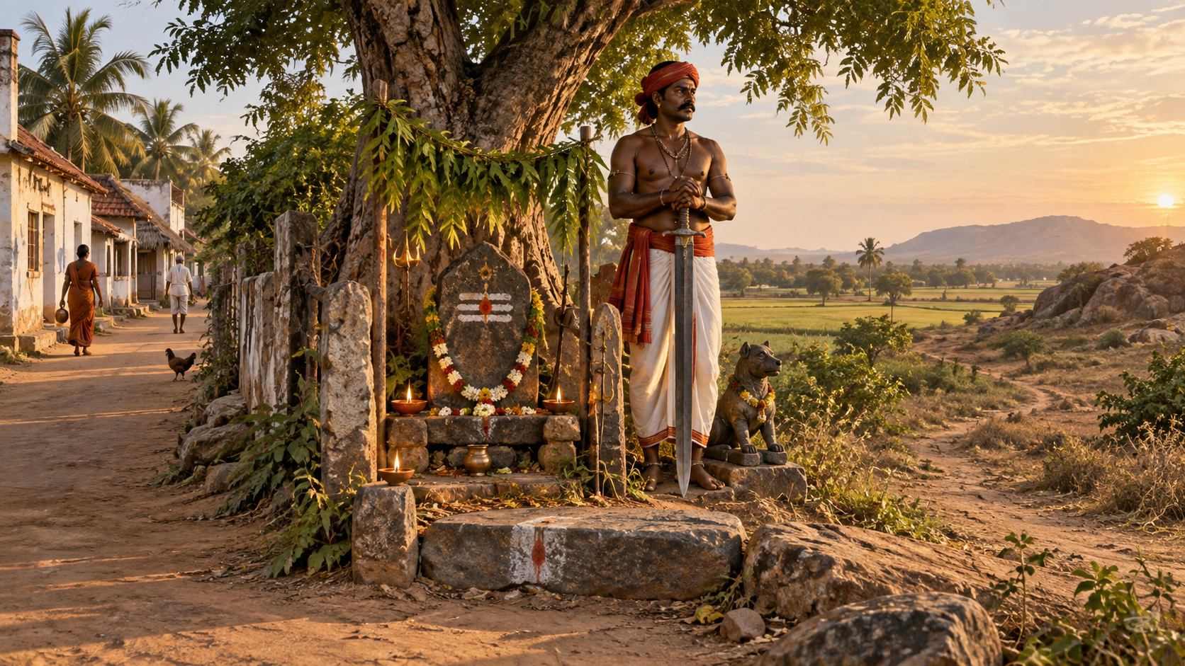 A sword-bearing village guardian stands at the point where a Tamil settlement road opens onto fields and uncultivated land.