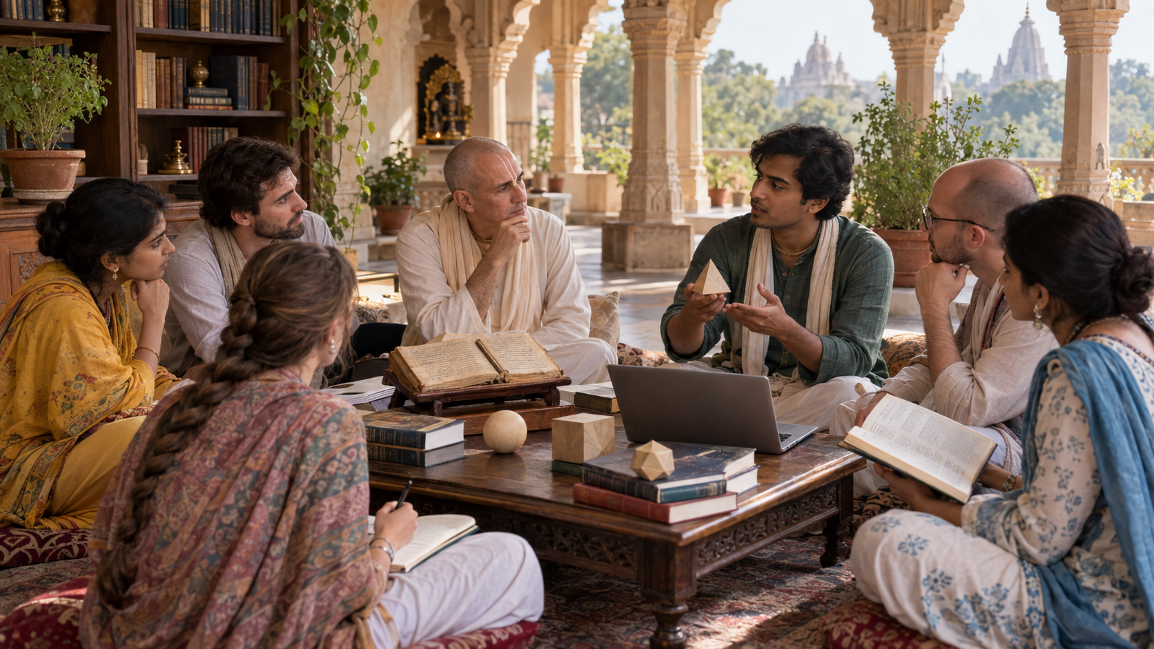 A teacher and adult students discuss books, a manuscript, and a laptop during a small seminar in a sandstone classroom.