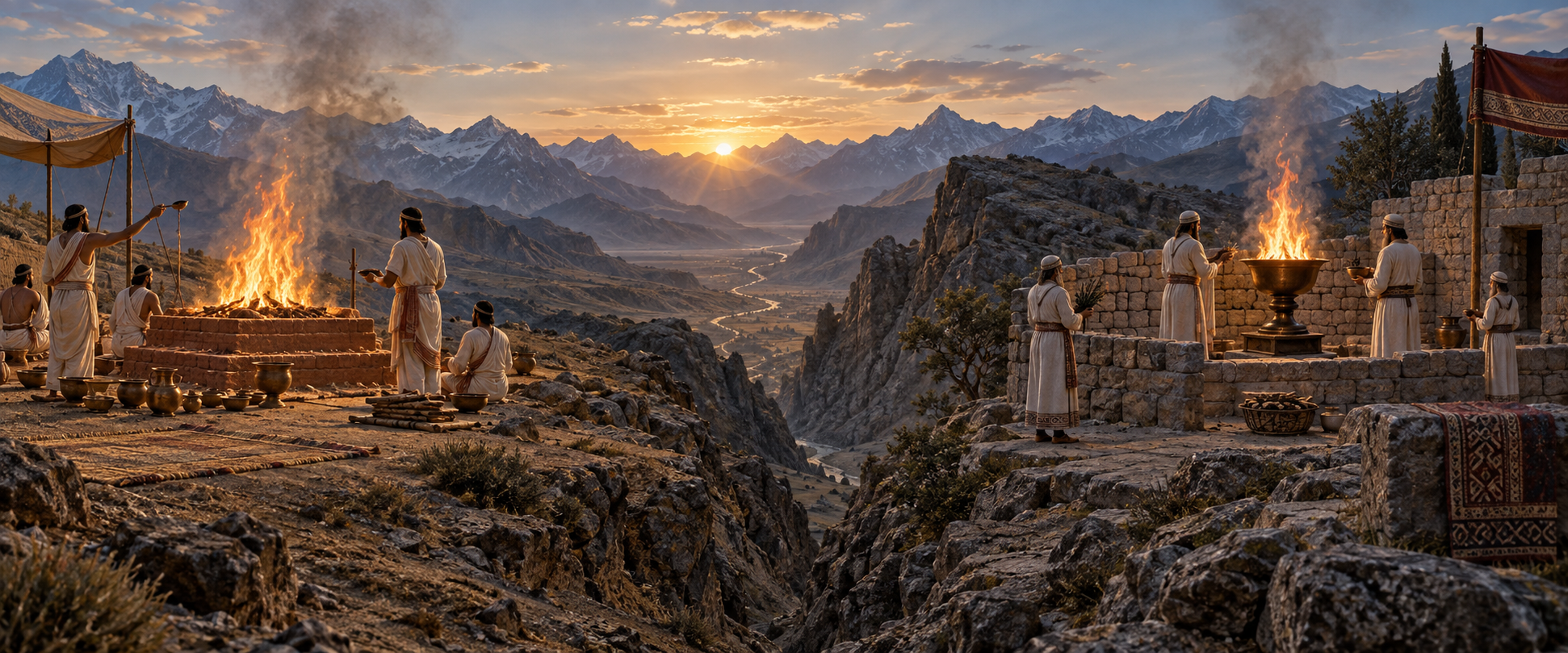 Two separate ancient fire rituals appear on opposite sides of a mountain pass, with similar flames but distinct altars, vessels, clothing, and settings.
