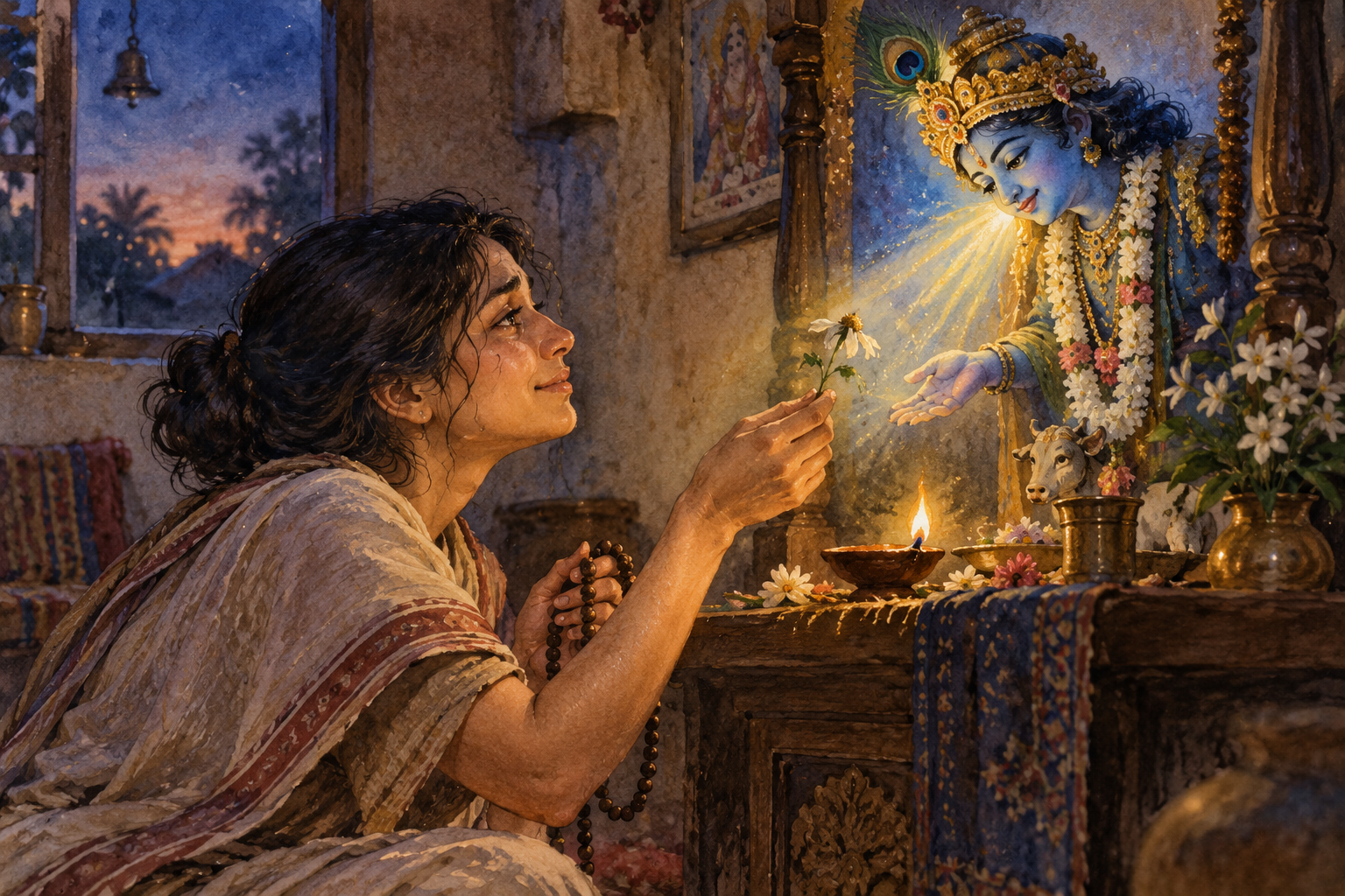 A tired devotee offers a wilted flower at a small home shrine while blue-gold light from a Krishna murti illuminates the offering and the devotee's face.
