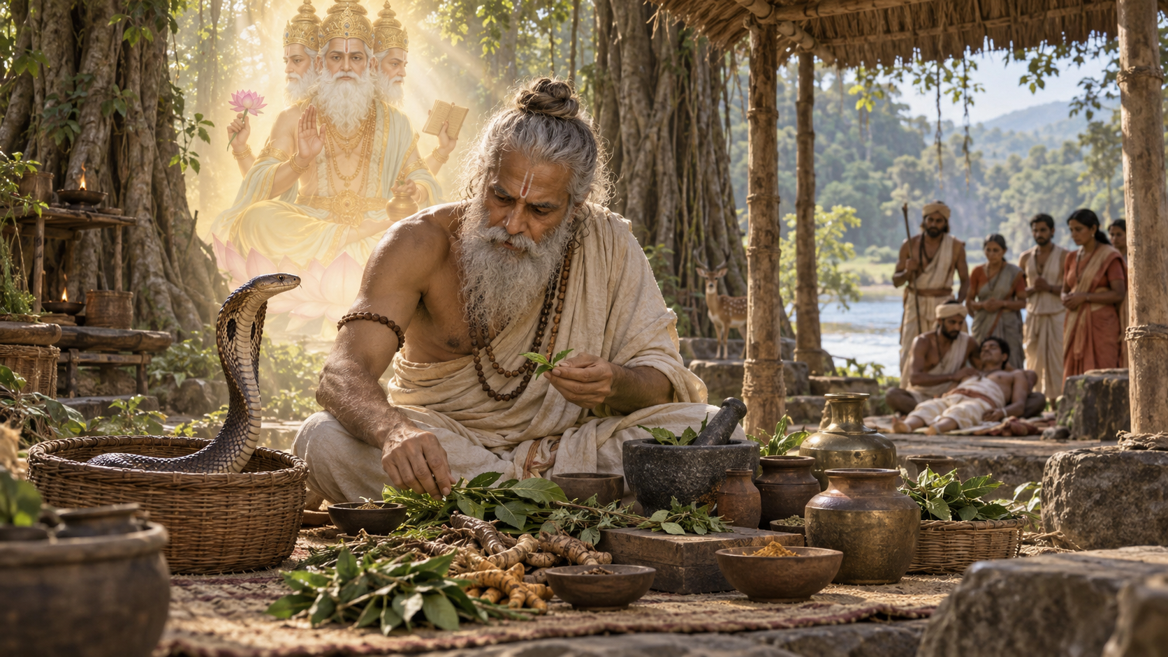Kashyapa examines a cobra and medicinal plants while preparing a remedy for a snakebite victim under Brahma's radiant presence.