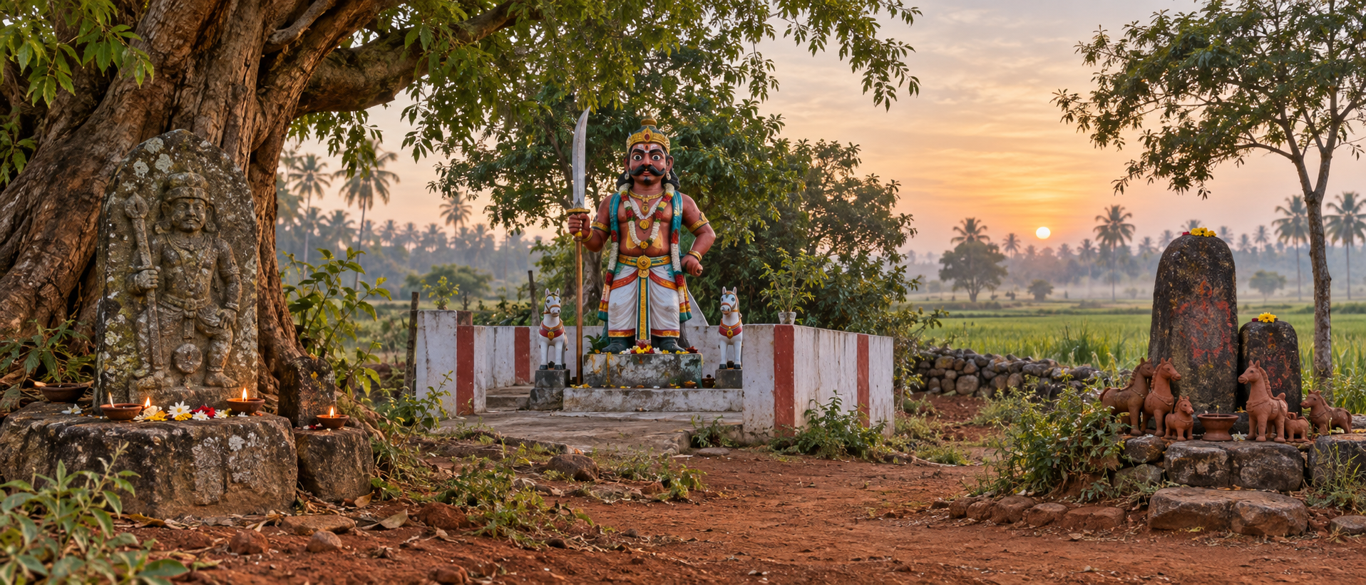 Three differently formed Tamil guardian shrines appear side by side, including a stone figure, a painted sword-bearing figure, and sacred stones beneath trees.