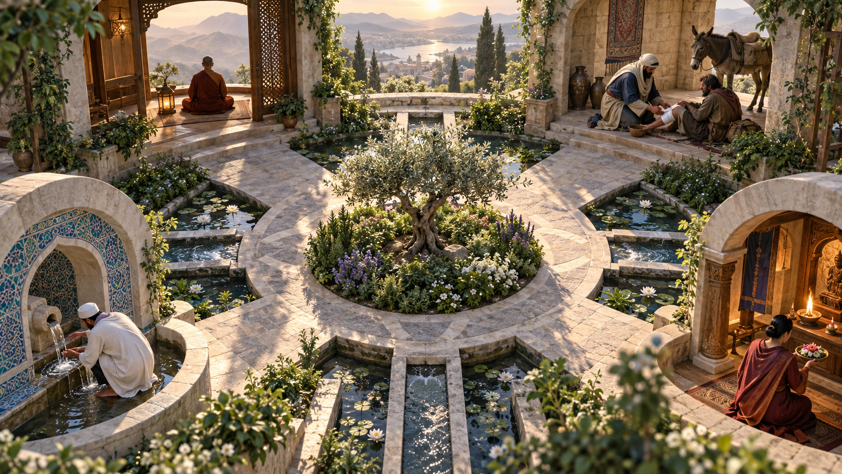 Four people in separate courtyard alcoves meditate, care for an injured traveler, perform a water purification, and make an offering by a small fire.