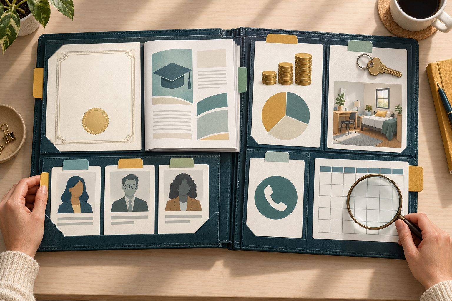 An open portfolio organizes an unmarked certificate, curriculum booklet, faculty cards, coins, housing key, room sketch, contact card, and calendar for review.