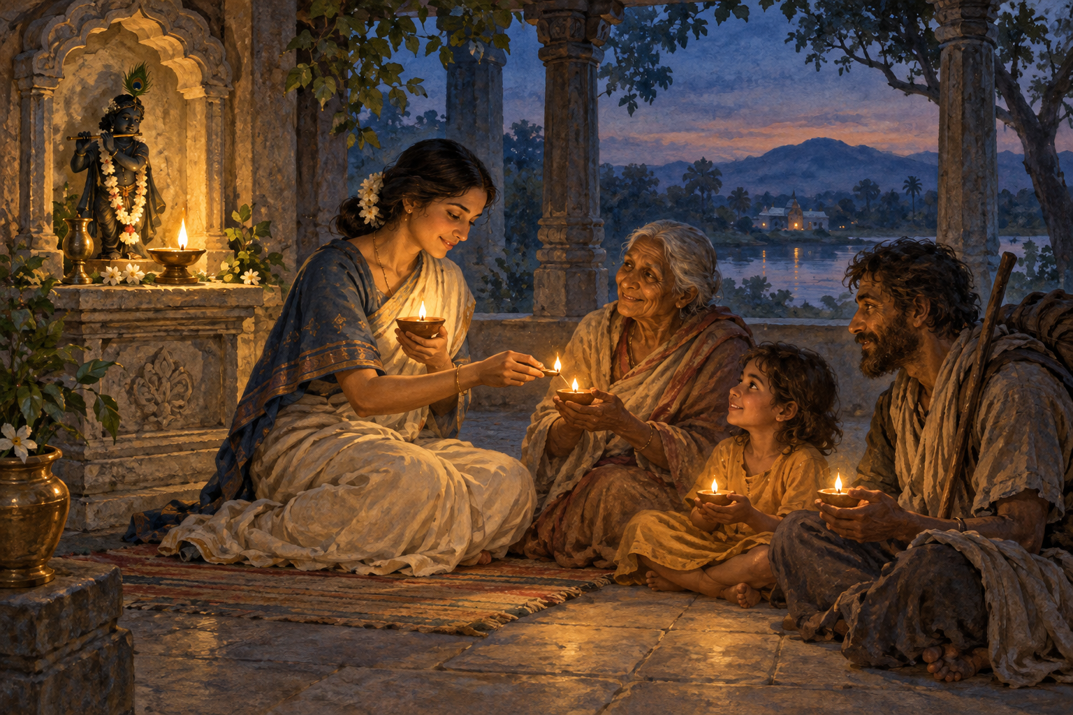 A devotee receives a flame from an oil lamp beside a Krishna shrine and uses it to light lamps held by three people nearby.