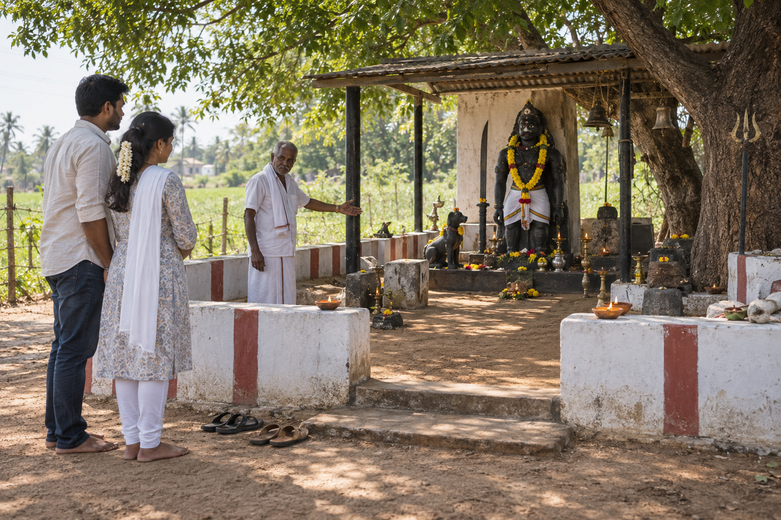 Two visitors wait outside a rural guardian shrine while a local elder shows them how to approach respectfully.