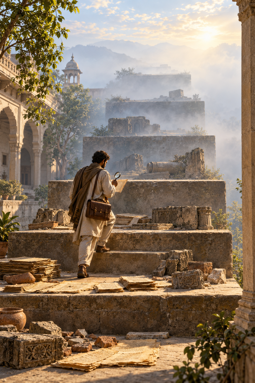A researcher climbs stone terraces that narrow into mist, with manuscripts and archaeological fragments resting on the solid lower levels.