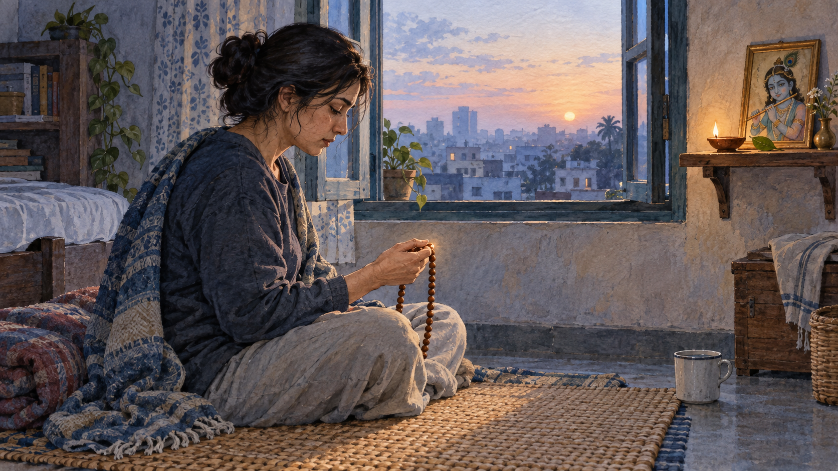 A tired person sits on a woven mat at dawn and uses wooden prayer beads beside a small Krishna shrine, an oil lamp, and an open window.