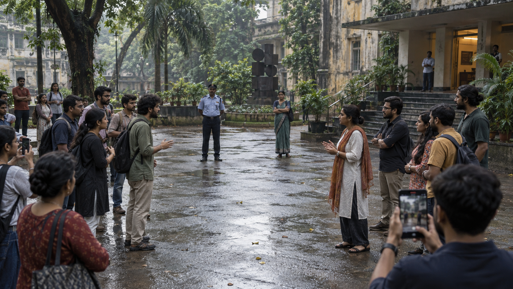 Two groups stand apart in a rain-darkened Kolkata campus courtyard as security personnel and bystanders observe the confrontation.